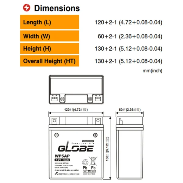 Bình ắc quy Globe WP5AP (12V-5Ah) - Hình ảnh 3