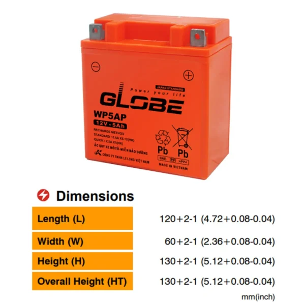Bình ắc quy Globe WP5AP (12V-5Ah) - Hình ảnh 2
